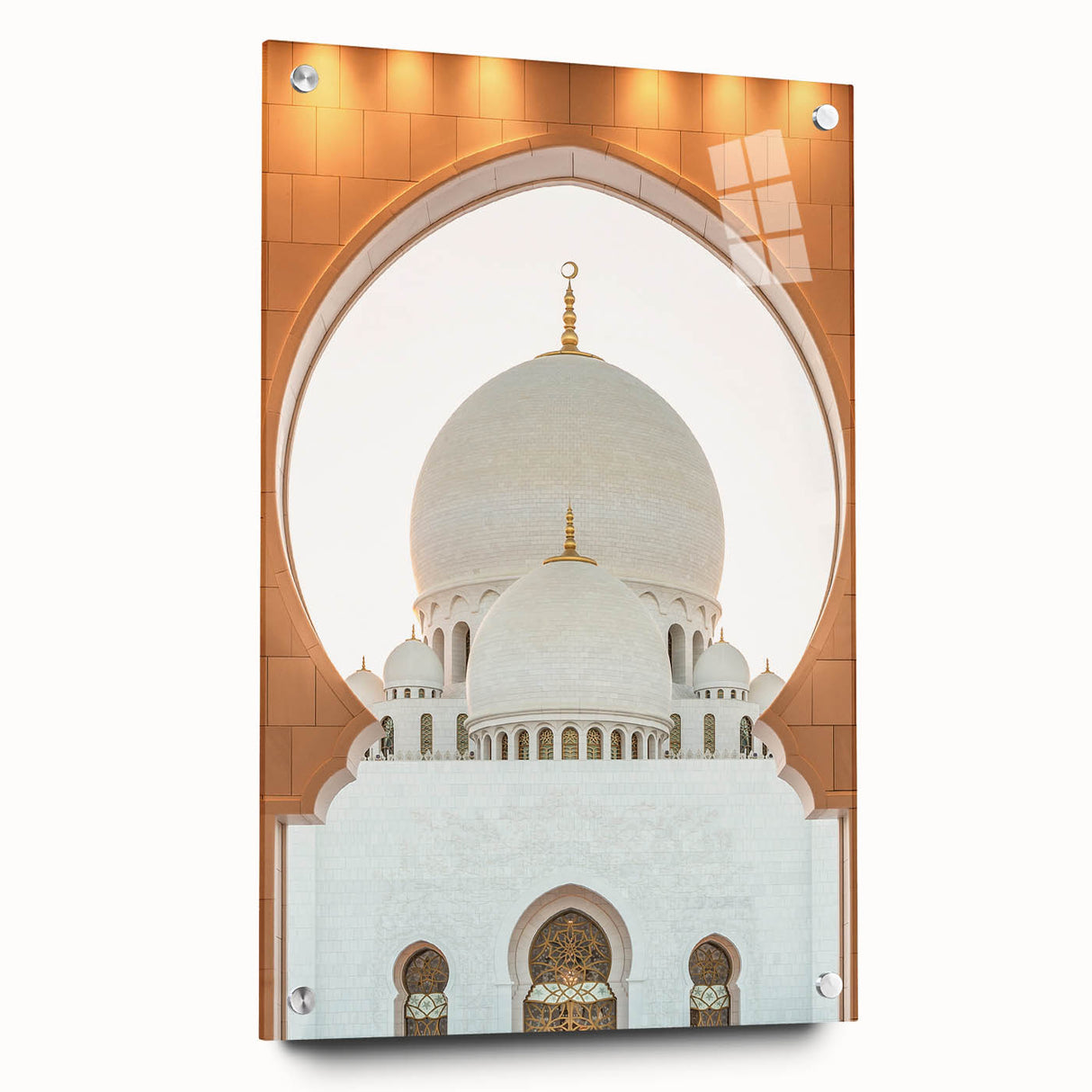 Large abstract wall art of Abu Dhabi skyline in muted blue tones on acrylic glass, suitable for bedroom or dining room decor.