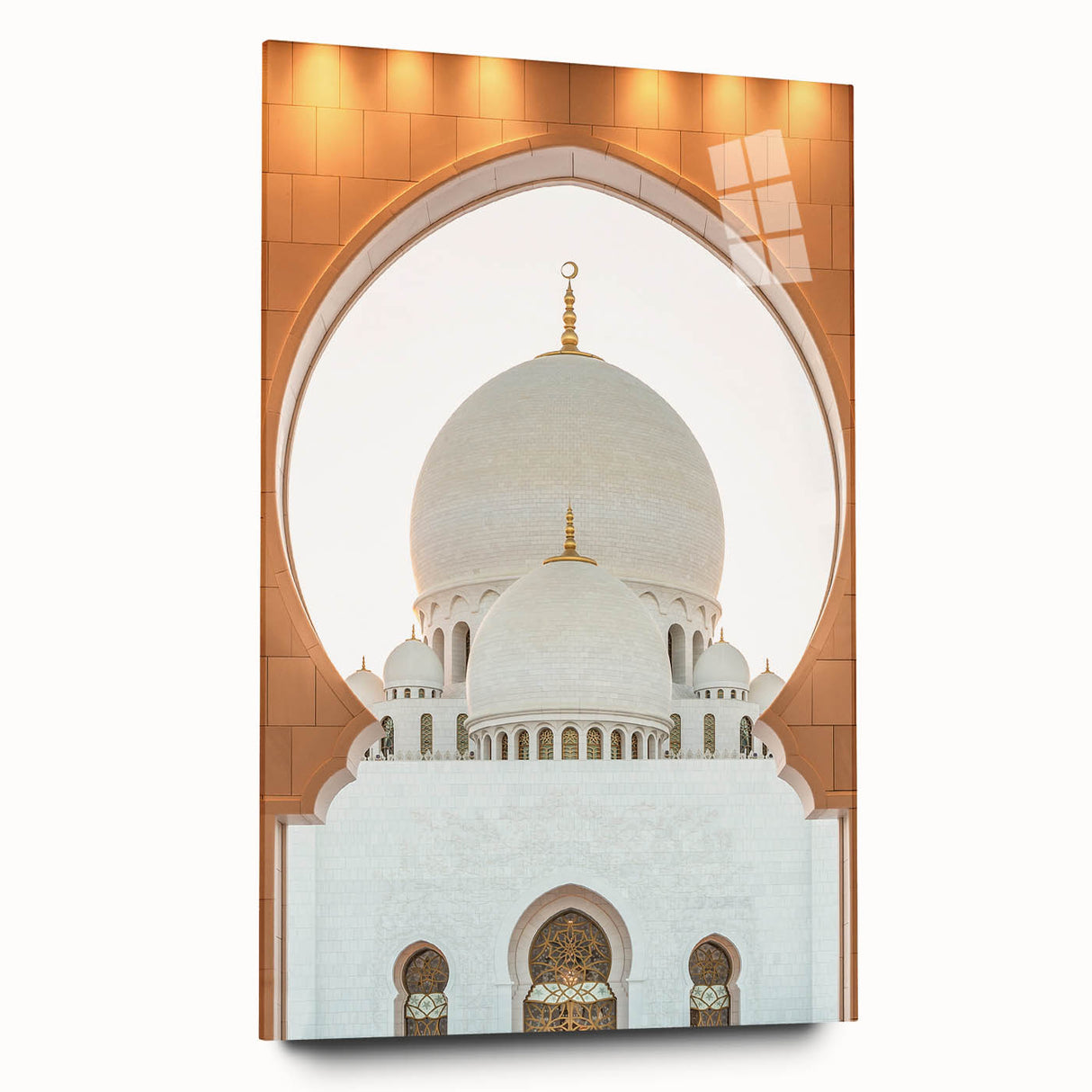 Large abstract wall art featuring the Abu Dhabi skyline in muted gray and blue tones on acrylic glass.