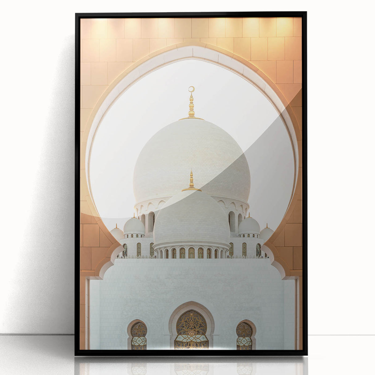 Large abstract wall art of Abu Dhabi skyline in black and white tones on framed acrylic.