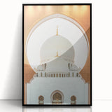 Large abstract wall art of Abu Dhabi skyline in black and white tones on framed acrylic.