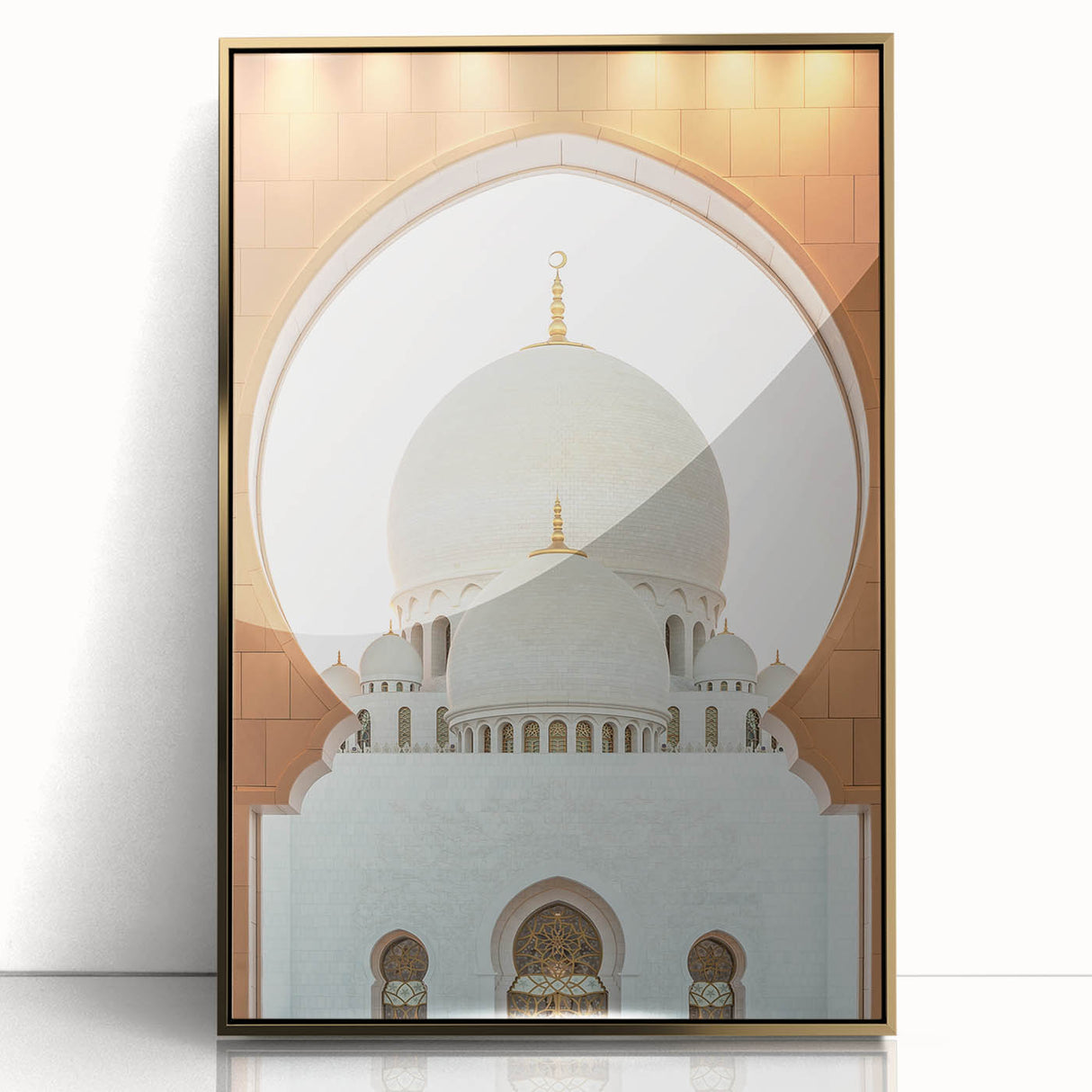 Large art print of Abu Dhabi skyline in gold tones on a framed acrylic, suitable for modern art wall decor.