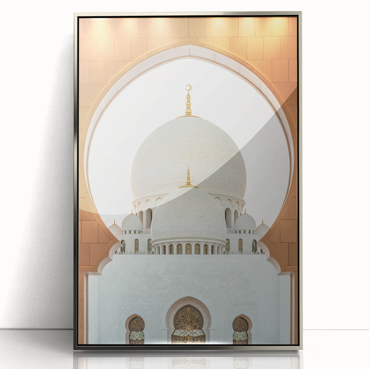Mid-century modernist Abu Dhabi skyline in silver frame, acrylic print, suitable for modern art wall decor.