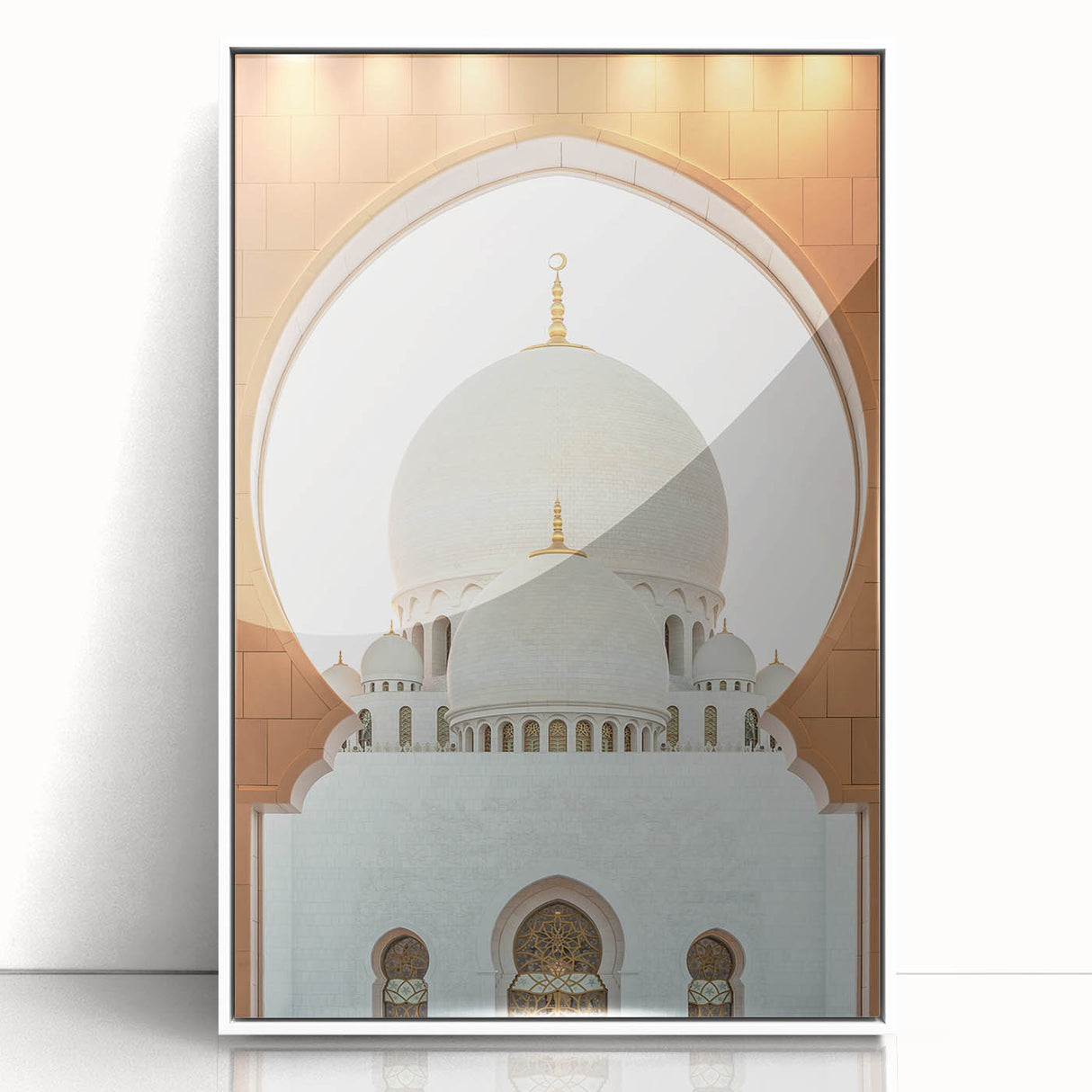 Acrylic print of Abu Dhabi skyline in art deco style with white frame, suitable for modern art wall decor.