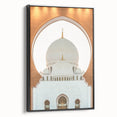Black and white framed canvas of Abu Dhabi landscape, ideal for bedroom wall art with a vintage poster style.