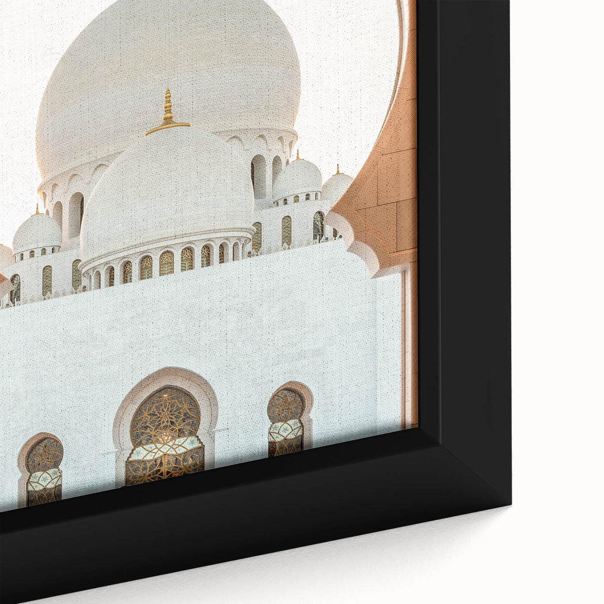 Extra large framed canvas of a textured Abu Dhabi skyline in black with colorful highlights, ideal for living room decor.