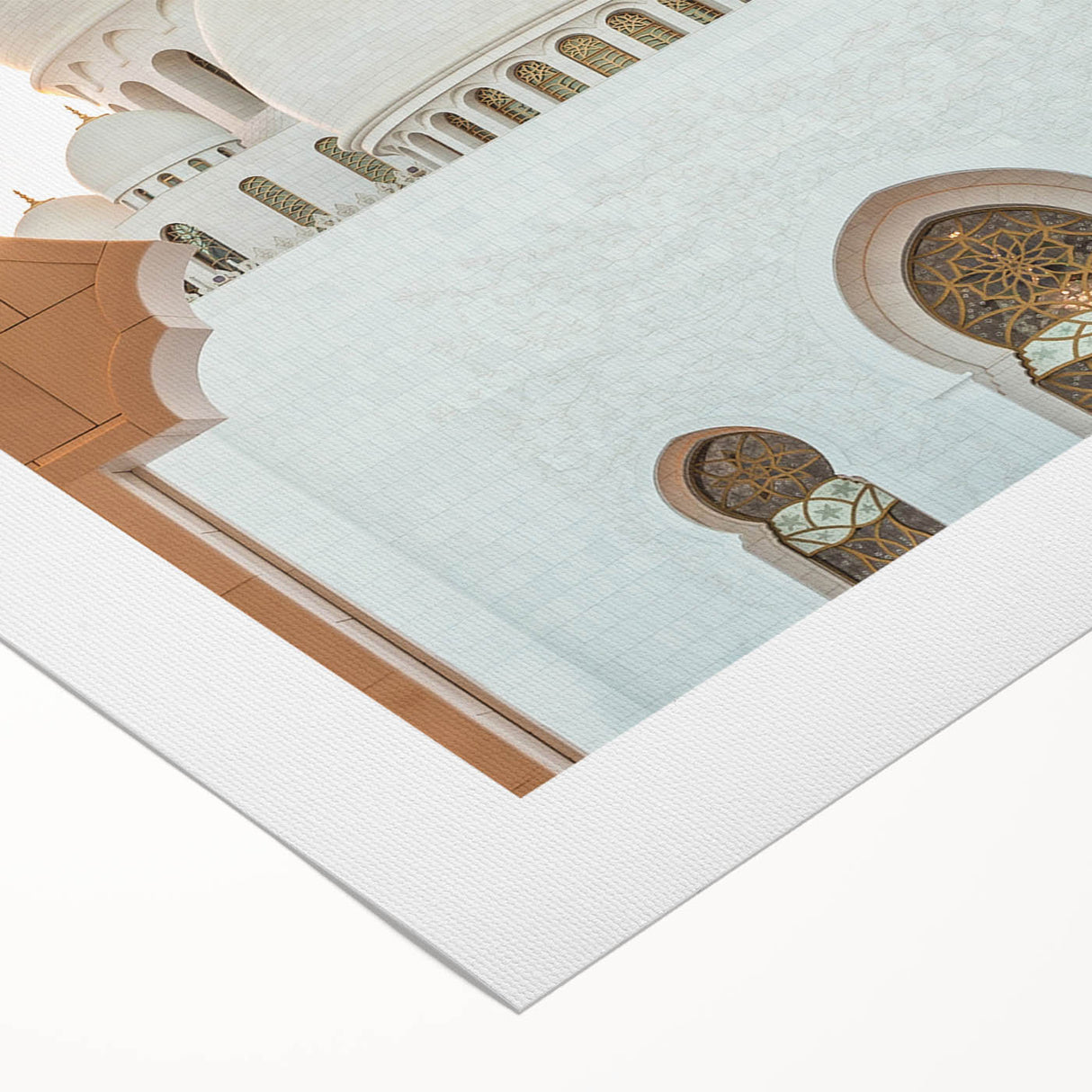 Art Deco-style poster of Abu Dhabi skyline in muted gold and blue tones on rolled canvas, suitable for dining room decor.