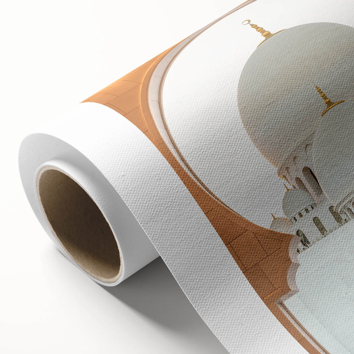 Art Deco style poster of Abu Dhabi skyline in muted gold and blue tones on rolled canvas, ideal for nursery wall art.