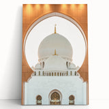 Black and white stretched canvas featuring a panoramic view of Abu Dhabi's skyline.