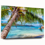 Large abstract oceanic scene in cool blue and green tones on acrylic glass, suitable for bedroom or dining room decor.