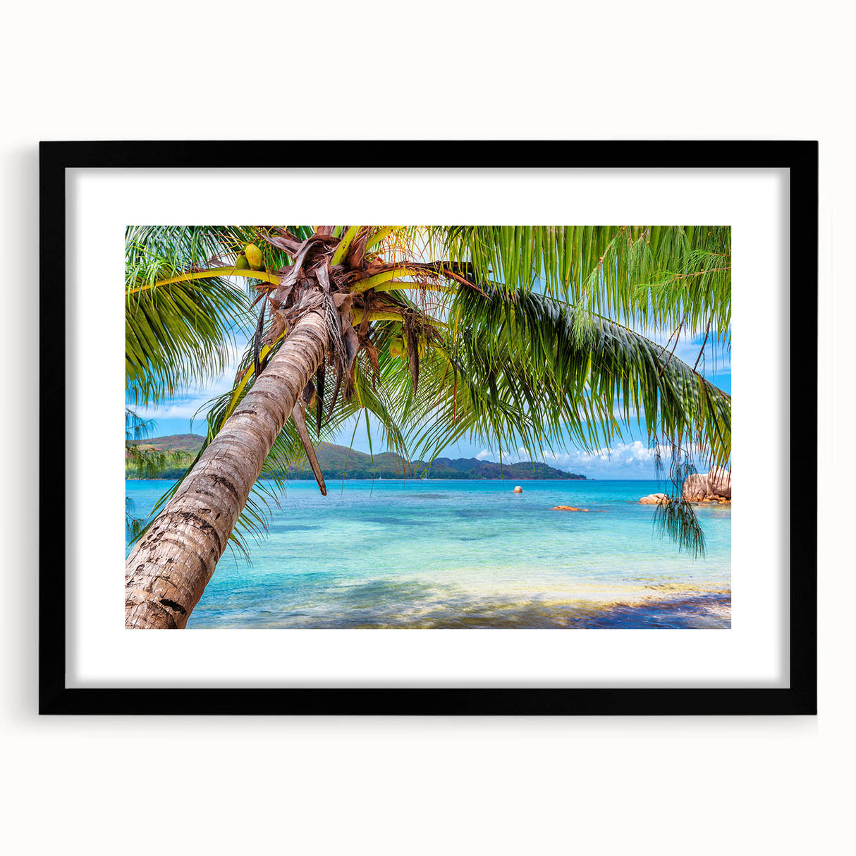 Colorful abstract art print of oceanic scenery in Fiji, textured appearance on a large black-framed canvas.