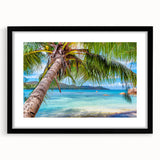 Colorful abstract art print of oceanic scenery in Fiji, textured appearance on a large black-framed canvas.
