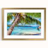 Extra large abstract art print of a textured oceanic scene in blue and green hues, framed in gold.