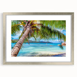 Textured abstract art print of a serene oceanic landscape in cool blue and gray tones, framed in silver.