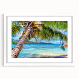 Abstract art print of a serene Fiji scenery in soft blue and green tones on a white framed canvas.