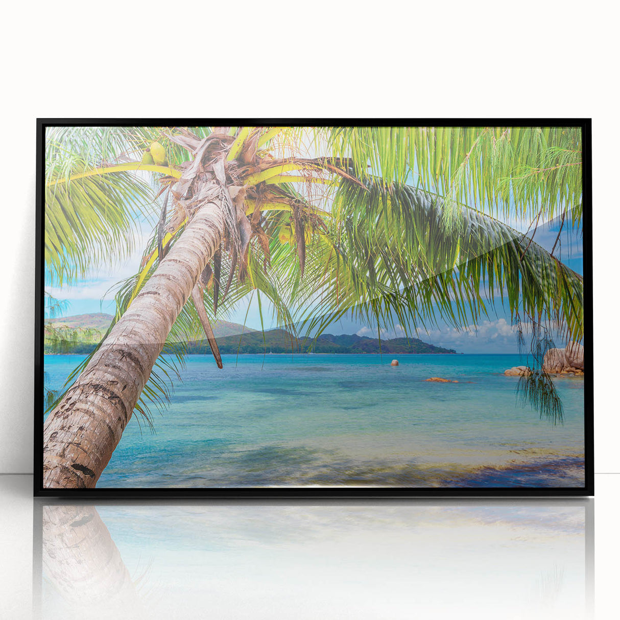 Large abstract wall art featuring an oceanic scene with vibrant blue and turquoise tones, in a black frame.