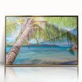Large art print of a serene Fiji ocean scene in muted blue tones on framed acrylic, ideal for modern art wall decor.