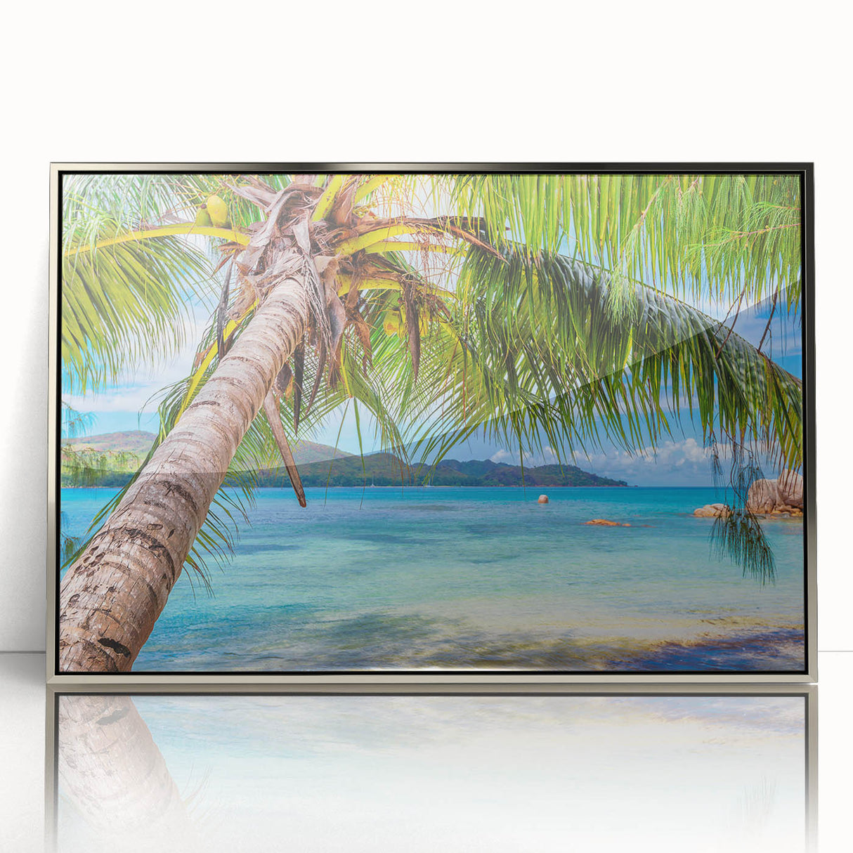Mid-century modernist art depicting a serene Fiji landscape in muted blues and greens on a silver-framed acrylic print.