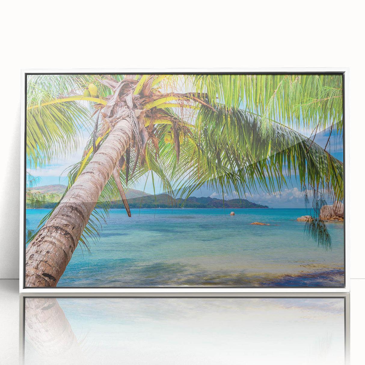 Art deco poster featuring serene Fiji scenery with vibrant blue and green shades on white framed acrylic.