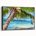 Black and white framed canvas depicting a serene Fiji landscape, ideal for bedroom wall art.