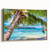 Vintage poster art of a serene Fiji landscape on framed canvas, featuring muted earth tones, ideal for bedroom wall decor.