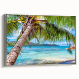 Framed canvas featuring a vintage-style landscape art painting of a colorful Fiji scenery.