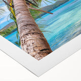 Art deco poster of an oceanic Fiji scenery in muted blue and green hues on rolled canvas, ideal for dining room wall art.