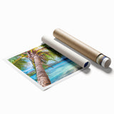 Extra large rolled print of a serene Fiji beach scene with pastel blue and green tones, ideal for classy bathroom wall art.