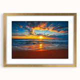 Extra large abstract art print of a serene French Polynesia scenery in a gold frame, ideal for living room decor.