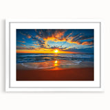 Abstract art print of a serene Polynesian seascape in cool blue and green tones on a framed white canvas.