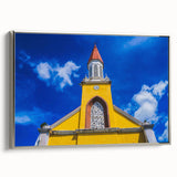 Landscape art painting of a Tahitian coast with vibrant blues and greens on a framed canvas, ideal for living room decor.