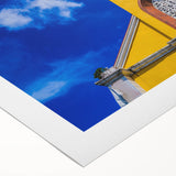 Art deco poster of a serene Tahitian landscape on rolled canvas, featuring cool blue and green tones.