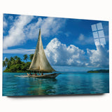 Large abstract oceanic design in blue and teal hues on acrylic glass, suitable for bedroom or dining room art.