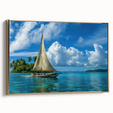 Vintage poster art of Micronesian landscape on framed canvas, featuring black and gold tones, ideal for bedroom wall decor.