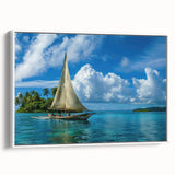 Vintage poster art of a Micronesian scenery on a framed canvas, featuring vibrant colors ideal for living room decor.
