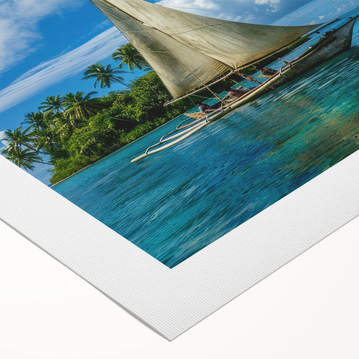 Art deco poster featuring an oceanic Micronesia scenery in muted blue and white colors, on rolled canvas.