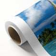 Art Deco poster of a serene Micronesian oceanscape in pastel blue and green tones on rolled canvas.