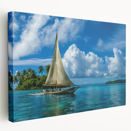 Large stretched canvas featuring a serene Micronesian oceanic landscape in soft blue and green tones.