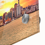 Acrylic print of Auckland, New Zealand skyline in muted blue and gray tones, suitable for bedroom or dining room decor.