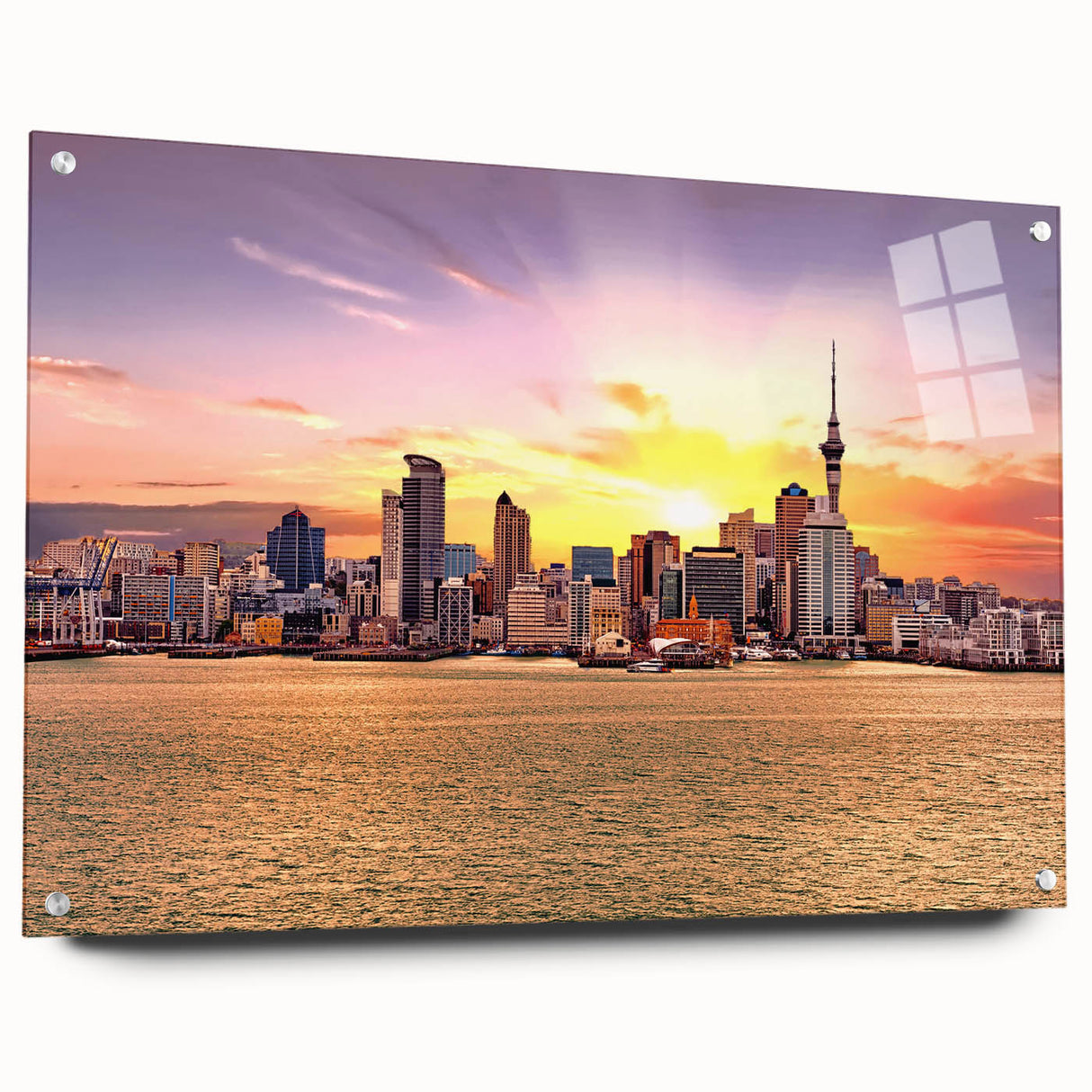 Acrylic glass print of Auckland skyline in muted blue and gray tones, suitable for bedroom or dining room art.