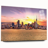 Acrylic print of a large abstract Auckland skyline in muted blue and gray tones, ideal for dining room art.