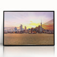 Large abstract wall art depicting Auckland's skyline in muted gray and blue tones on framed acrylic.