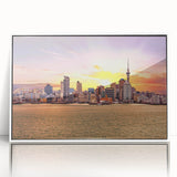 Framed acrylic print of Auckland skyline in art deco style with muted blue and gray tones, ideal for modern art wall decor.