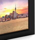 Framed canvas depicting a vintage-style Auckland landscape with muted earth tones, ideal for bedroom wall art.