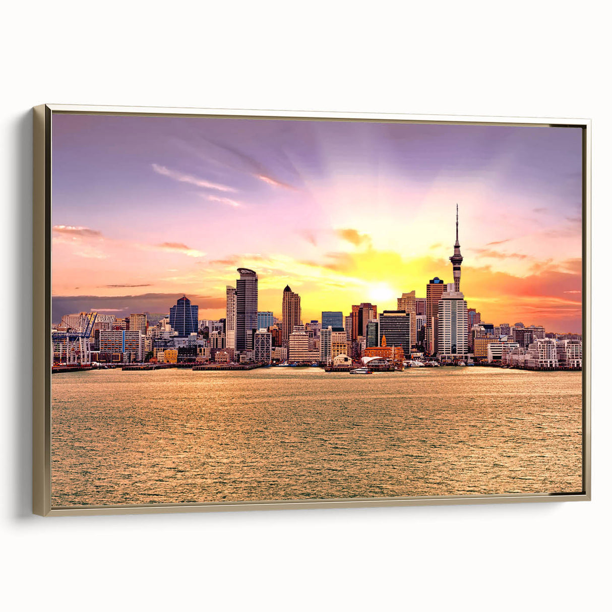 Framed canvas of Auckland landscape art painting featuring vibrant colors on a black background, ideal for living room decor.