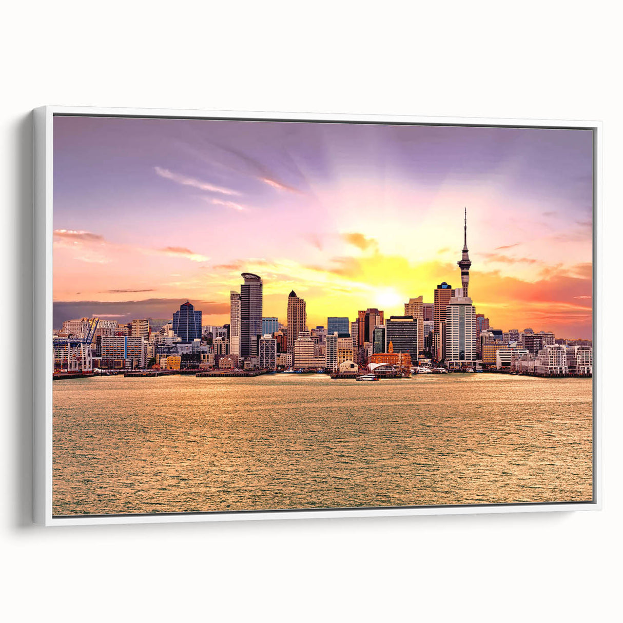 Extra large black wall art depicting Auckland's skyline on textured canvas, highlighted in colorful art tones.
