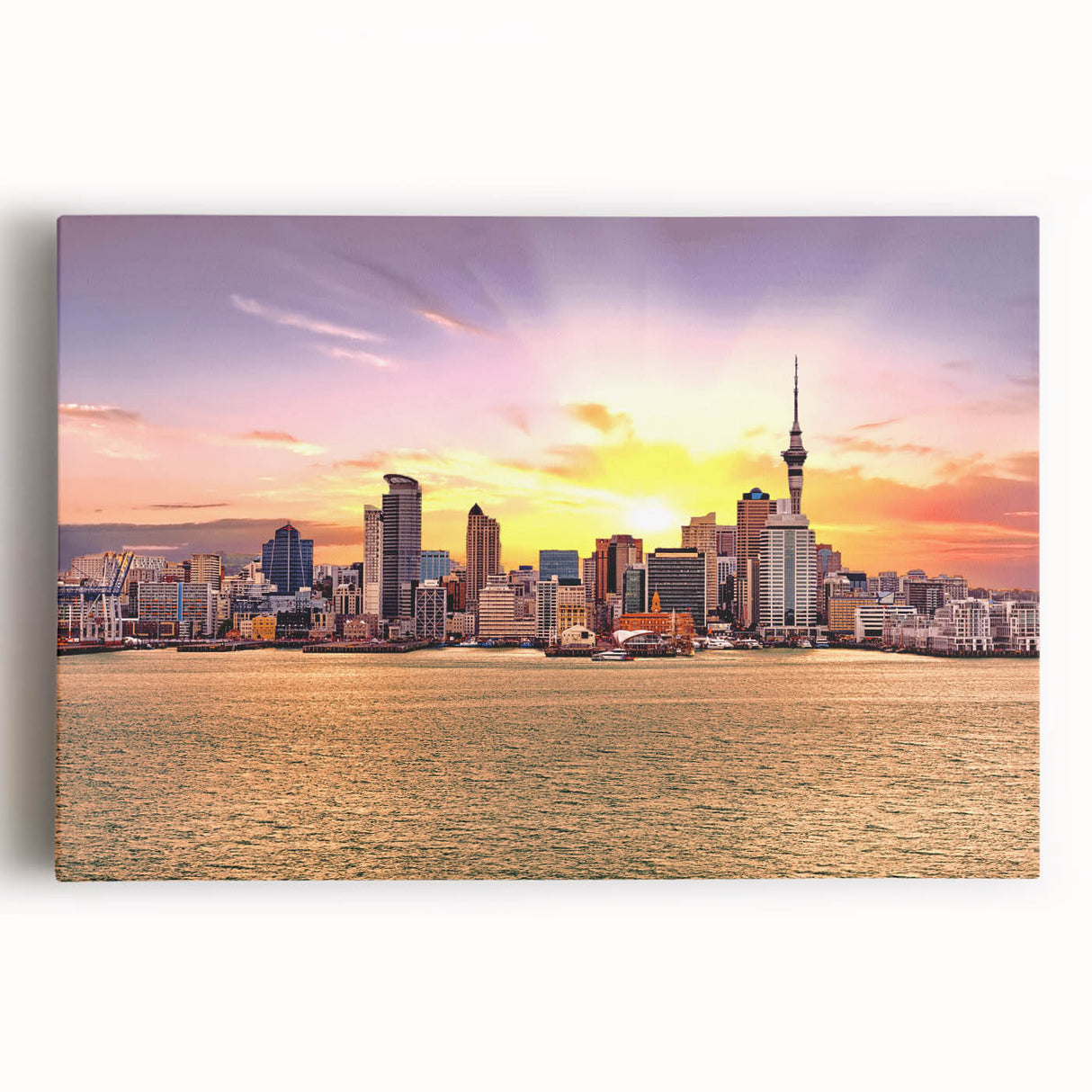 Black and white photograph of Auckland skyline on stretched canvas, ideal for kitchen wall art.