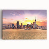 Black and white photograph of Auckland skyline on stretched canvas, ideal for kitchen wall art.