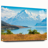 Acrylic print of Canterbury, New Zealand scenery with muted green and blue tones, suitable for bedroom or dining room decor.
