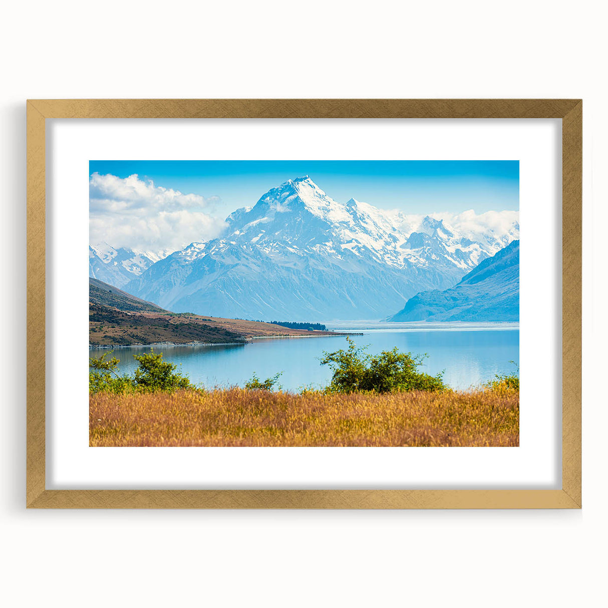 Extra large abstract art print depicting New Zealand's Canterbury scenery in textured gold frame.