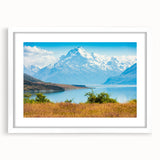 Abstract art print depicting the Canterbury, New Zealand scenery in muted earth tones on a white-framed canvas.